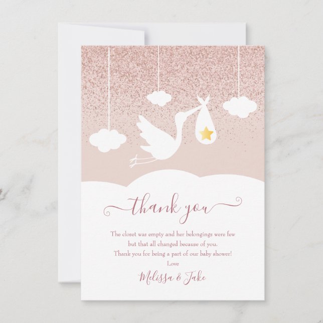 Stork Rose Gold Star Glitter Baby Shower Poem Thank You Card (Front)