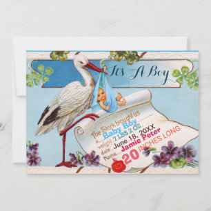 STORK,SHAMROCKS BOY BABY SHOWER BIRTH STATS INVITATION