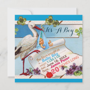STORK,SHAMROCKS BOY BABY SHOWER BIRTH STATS INVITATION