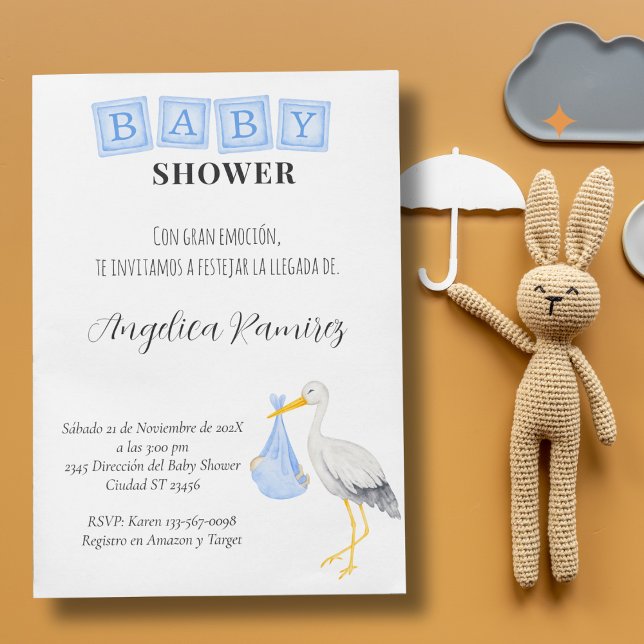 Stork Spanish Baby Shower Dusty Blue Qr Code Gift  Invitation (Stork Spanish Baby Shower Dusty Blue Qr Code Gift Invitation)