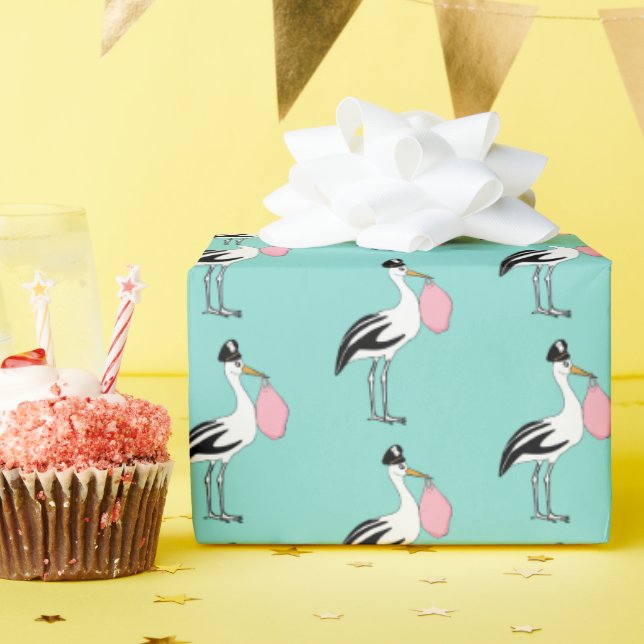 Stork Special Delivery Baby Reveal Party Blue Pink Wrapping Paper (Birthday Party)