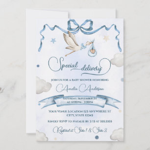 Stork Special Delivery Ribbon Bow Baby Shower Invitation