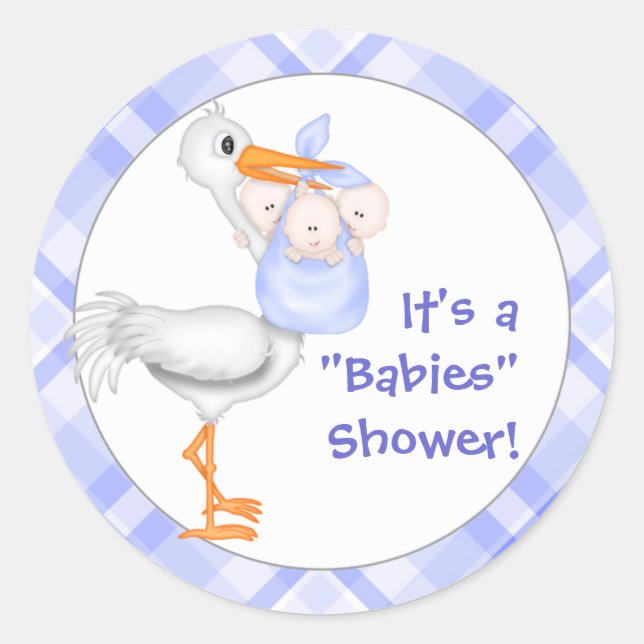 Stork & Triplet Boys Baby Shower Classic Round Sticker (Front)