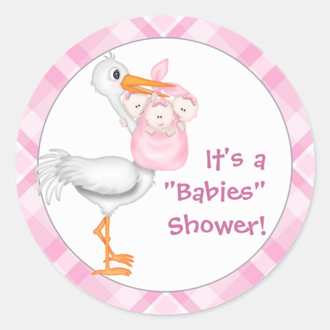 Stork & Triplet Girls Baby Shower Classic Round Sticker (Front)