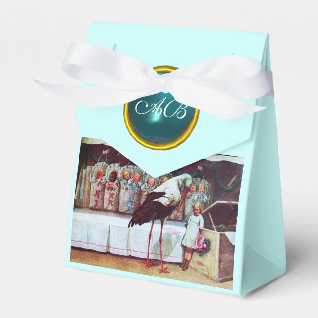 STORK TWIN BABY BOY SHOWER BLUE GEM MONOGRAM FAVOUR BOX (Front Side)
