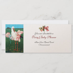 STORK TWIN BABY GIRL SHOWER Champagne Metallic Invitation