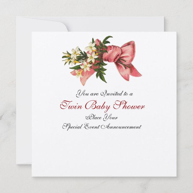 STORK TWIN BABY GIRL SHOWER , champagne metallic Invitation (Front)