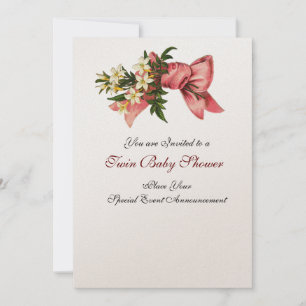 STORK TWIN BABY GIRL SHOWER , champagne metallic Invitation