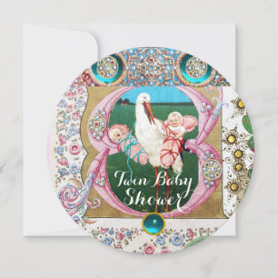 STORK TWIN BABY GIRL SHOWER,FLORAL GEMSTONES INVITATION