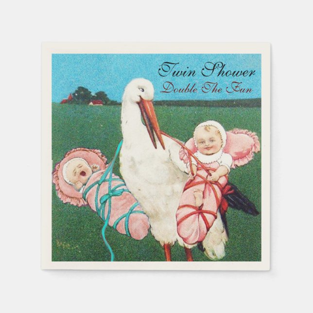 STORK TWIN BABY GIRL SHOWER NAPKIN (Front)
