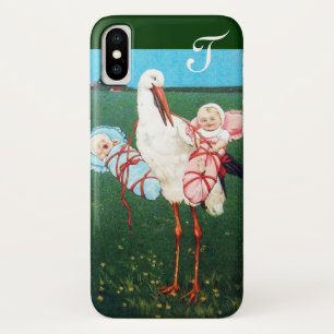 STORK TWIN BABY SHOWER MONOGRAM iPhone X CASE