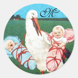 STORK TWIN BABY SHOWER MONOGRAM CLASSIC ROUND STICKER