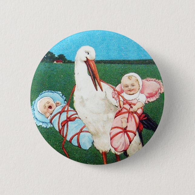 STORK TWIN BABY SHOWER, Pink ,Teal Blue 6 Cm Round Badge (Front)