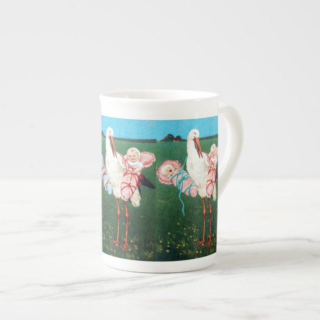 STORK TWIN BABY SHOWER, Pink ,Teal Blue Bone China Mug (Front Right)
