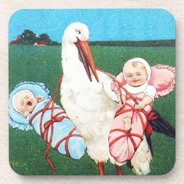 STORK TWIN BABY SHOWER, Pink ,Teal Blue Coaster (Front)