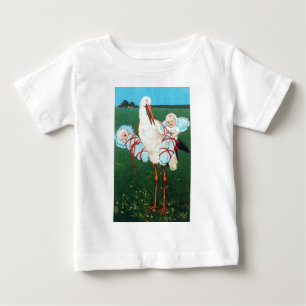 STORK TWIN BOY BABY SHOWER, Blue White Baby T-Shirt