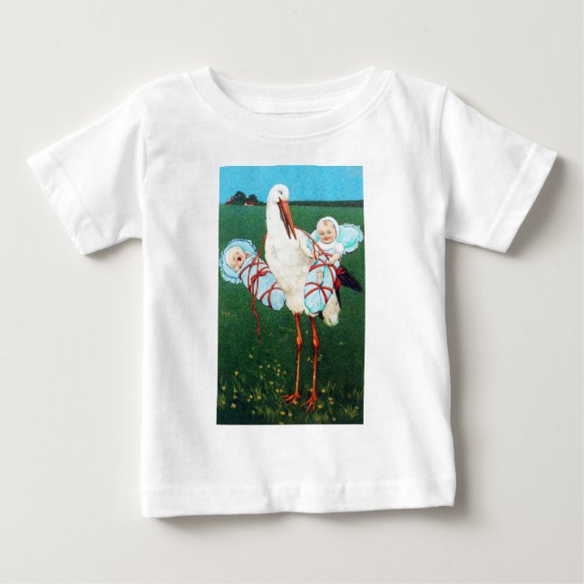 STORK TWIN BOY BABY SHOWER, Blue White T-Shirt (Front)