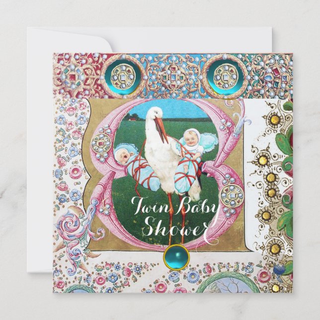 STORK TWIN BOYS BABY SHOWER,FLORAL GEMSTONES INVITATION (Front)