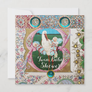 STORK TWIN BOYS BABY SHOWER,FLORAL GEMSTONES INVITATION