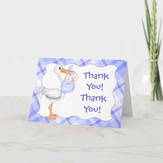 Stork & Twin Boys Blue Thank You Card (Front)