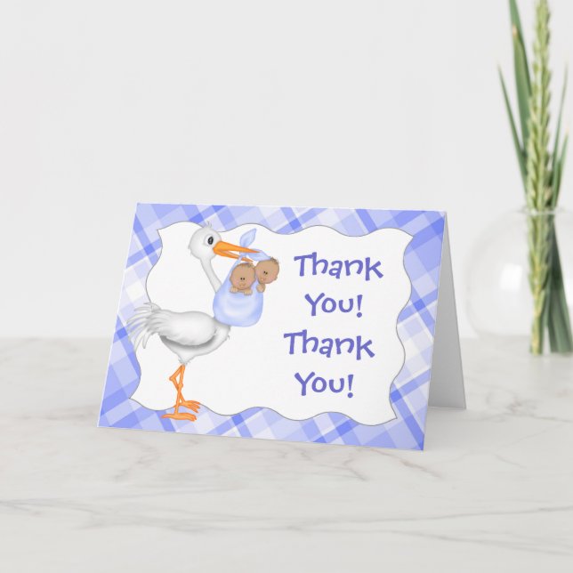 Stork & Twin Boys (dark skin) Thank You Card (Front)