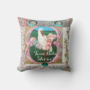 STORK TWIN GIRL BABY SHOWER,FLORAL GEMSTONES CUSHION