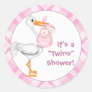 Stork & Twin Girls Baby Shower Classic Round Sticker