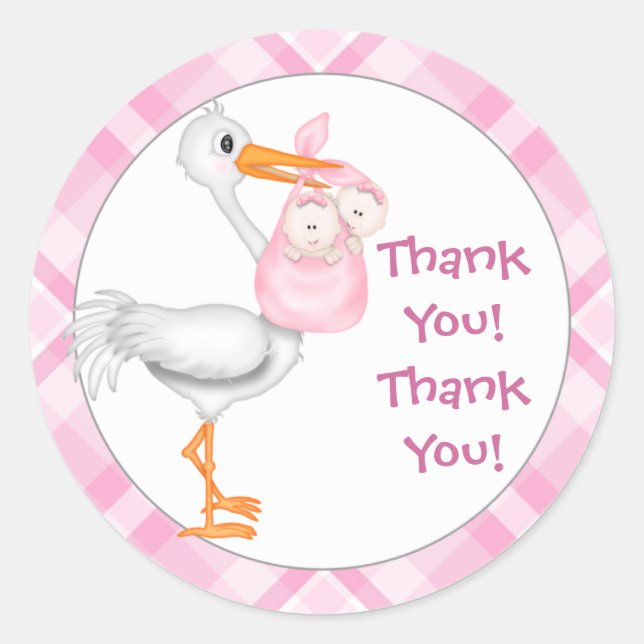 Stork & Twin Girls Thank You Classic Round Sticker (Front)