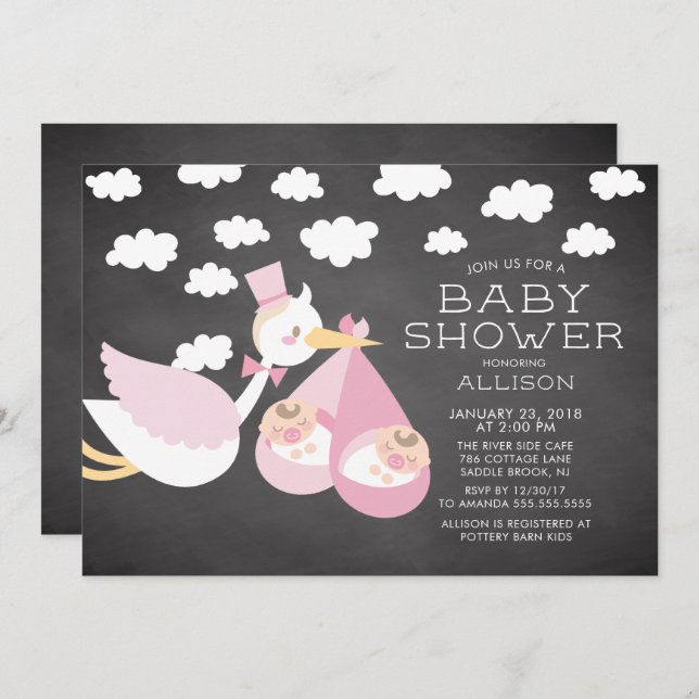 Stork & Twin Girls Twins Baby Shower Invitation (Front/Back)
