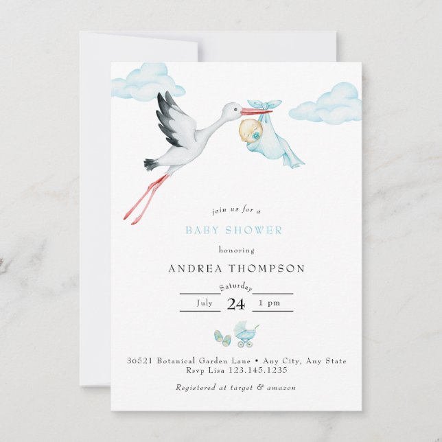 Stork | Watercolor Baby Boy Shower Invitation (Front)