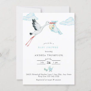 Stork   Watercolor Baby Boy Shower Invitation
