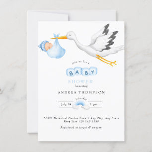 Stork   Watercolor Baby Boy Shower Invitation