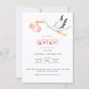 Stork   Watercolor Baby Girl Shower Invitation