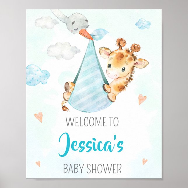 Stork welcome party sign Boy giraffe party poster (Front)