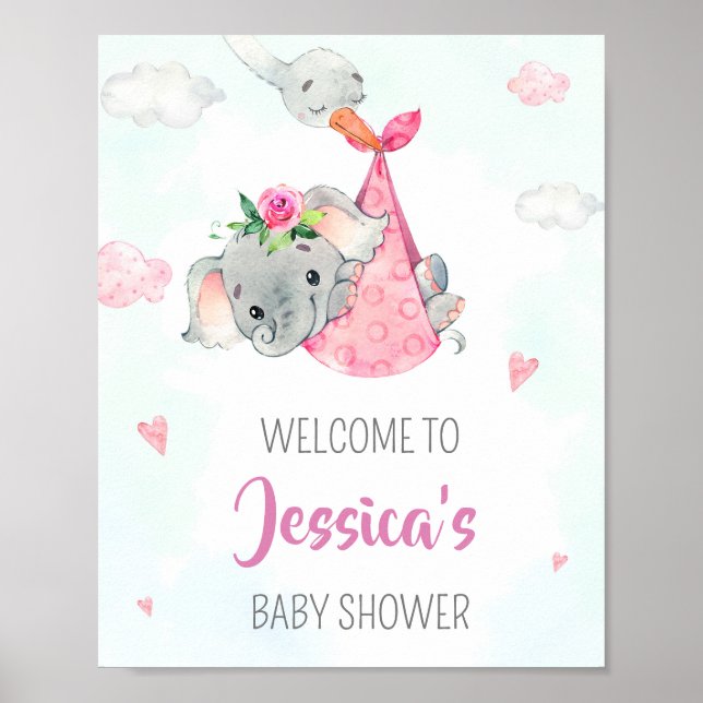 Stork welcome party sign Girl elephant poster (Front)