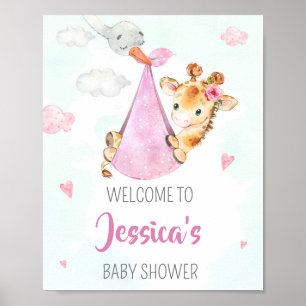 Stork welcome party sign Girl giraffe party poster