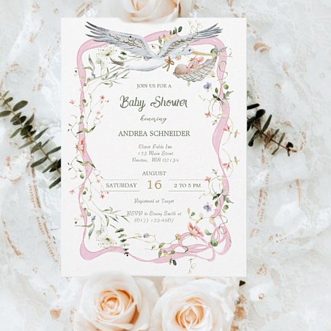 Stork Wildflower Ribbon and Bow Baby Shower  Invitation (Creator Uploaded)