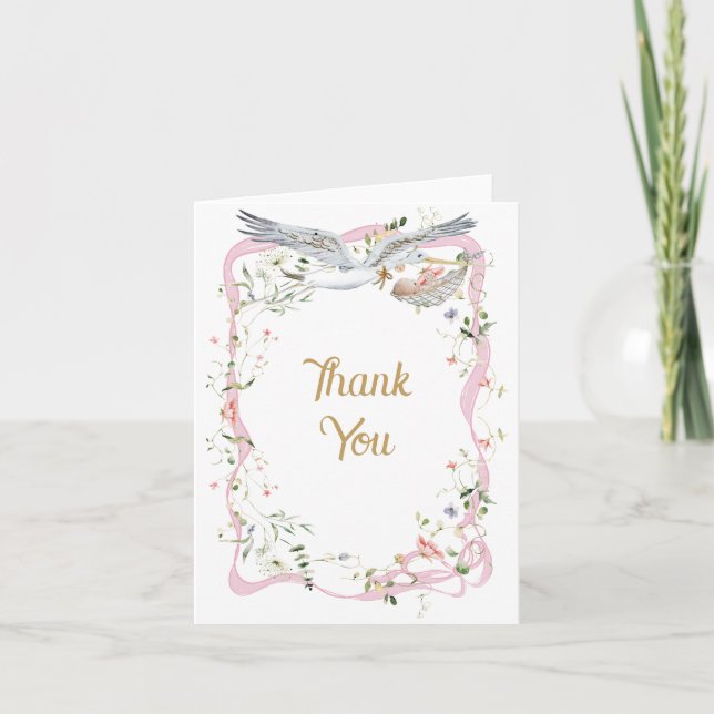 Stork Wildflower Ribbon and Bow Baby Shower  Thank You Card (Front)