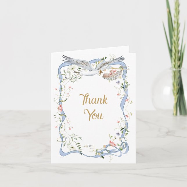 Stork Wildflower Ribbon and Bow Baby Shower  Thank You Card (Front)