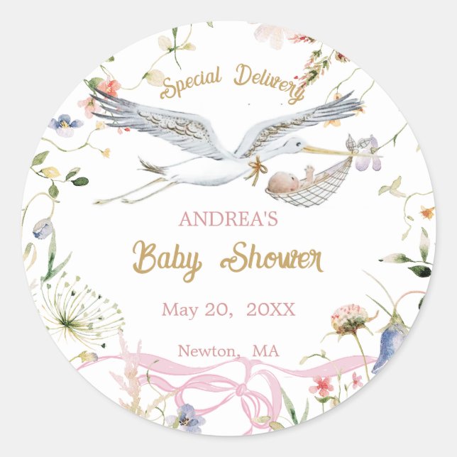 Stork Wildflower Ribbon Baby Shower  Classic Round Sticker (Front)