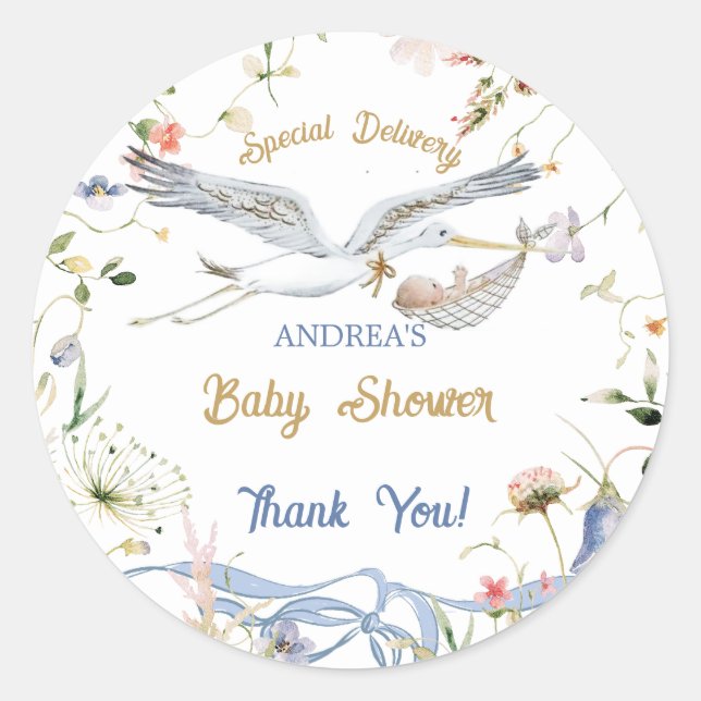 Stork Wildflower Ribbon Baby Shower  Classic Round Sticker (Front)