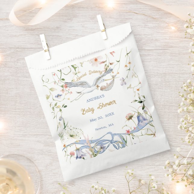 Stork Wildflower Ribbon Baby Shower Favour Bag (Clipped)