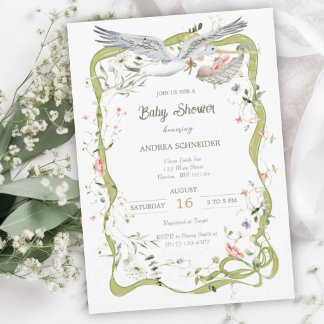 Stork Wildflower Ribbon Baby Shower  Invitation