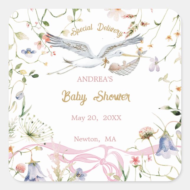 Stork Wildflower Ribbon Baby Shower Paper  Square Sticker (Front)