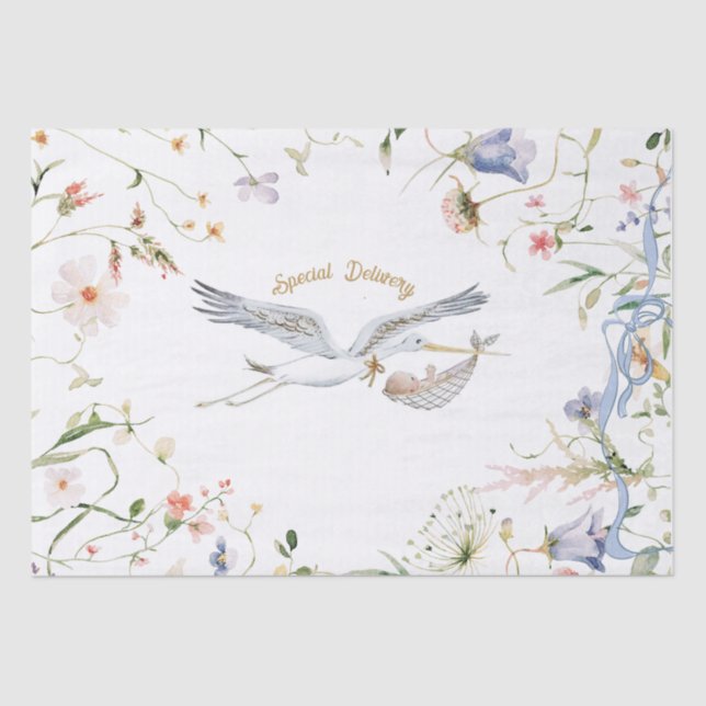 Stork Wildflower Ribbon Baby Shower Tissue Paper (Front)