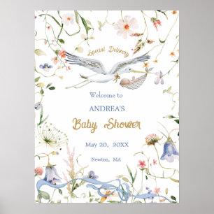 Stork Wildflower Ribbon Baby Shower Welcome Poster