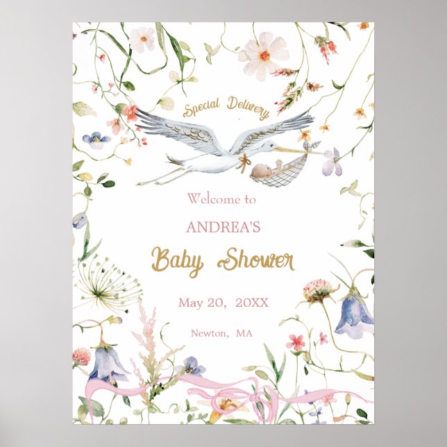 Stork Wildflower Ribbon Baby Shower Welcome Poster (Front)