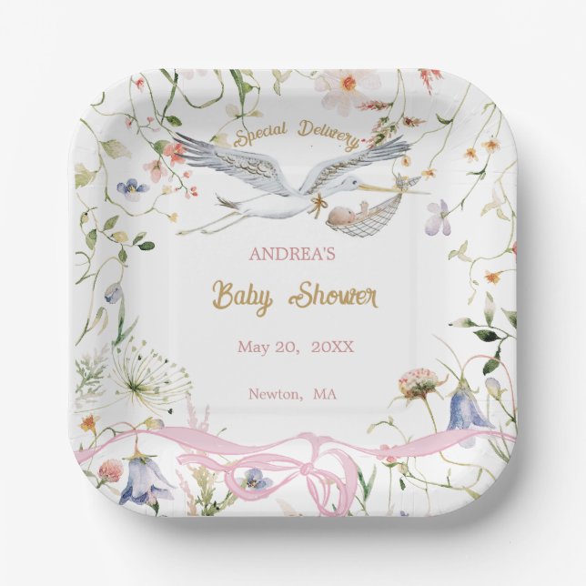 Stork Wildflower Ribbon Paper Plate (Front)