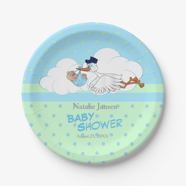 Stork with a Cute Little Baby Boy Paper Plate (Front)