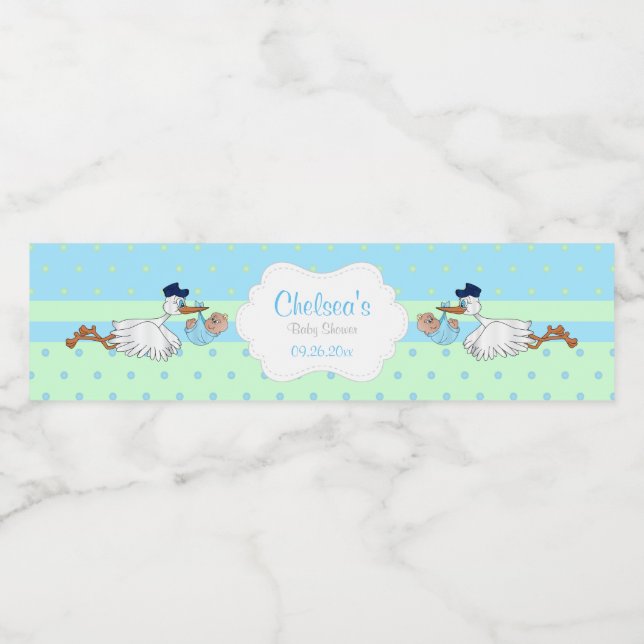 Stork with a Cute Little Baby Boy Water Bottle Label (Single Label)
